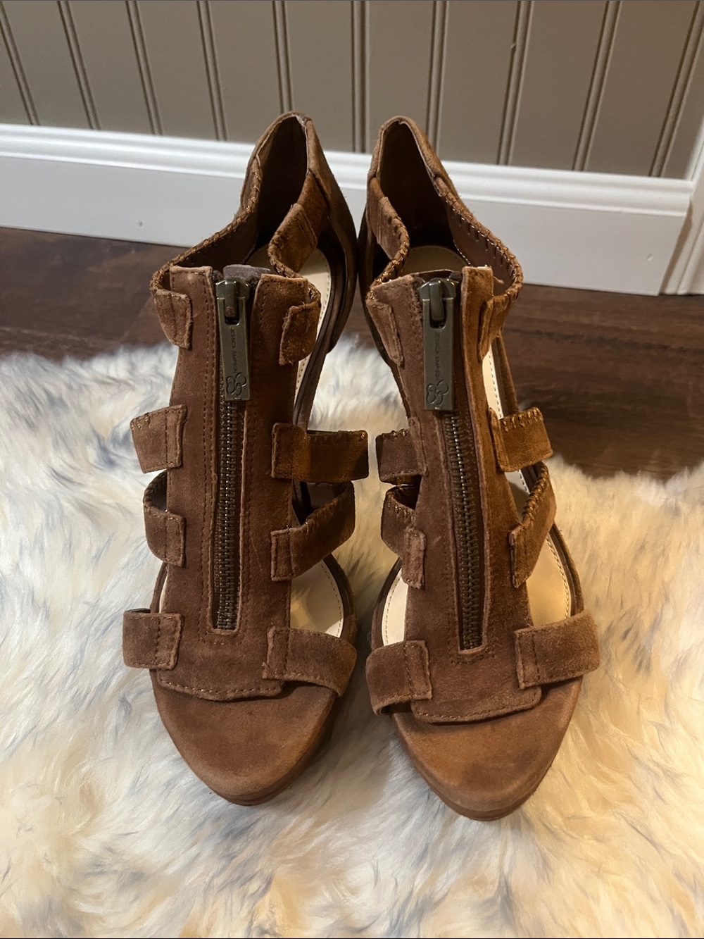 Jessica Simpson Women’s Brown Suede Strappy Zip Front Heels